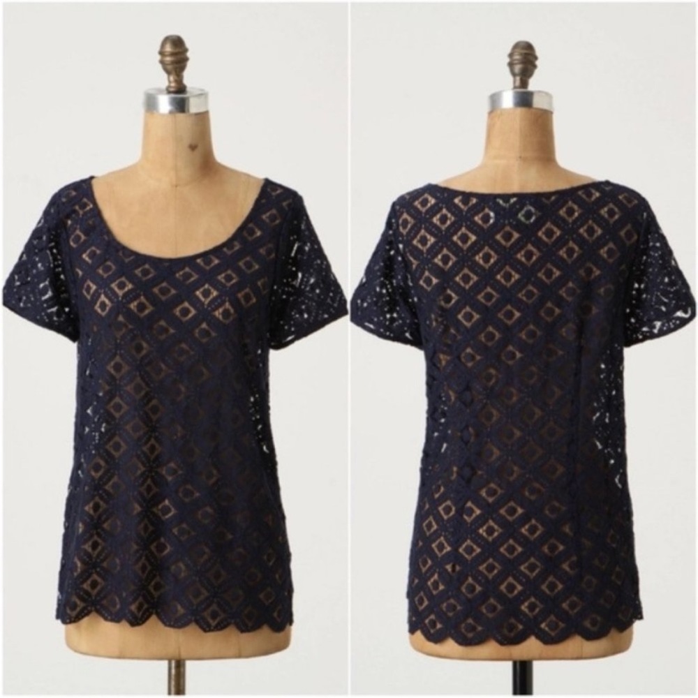 ANTHROPOLOGIE Wreathen Short Sleeve Navy Blouse EUC sz S